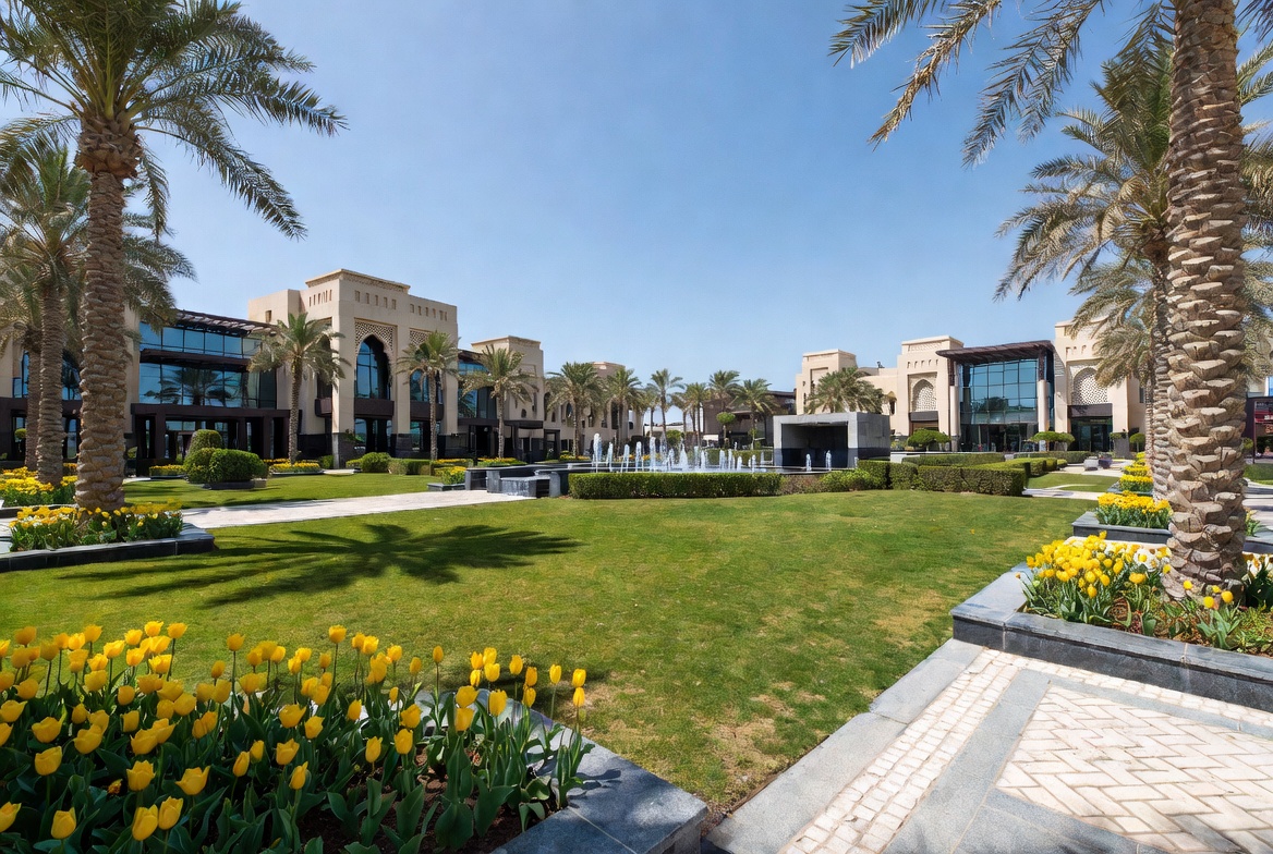 Beautiful professional landscaping featuring vibrant yellow tulips, manicured lawns, palm trees and modern water feature at a luxury convention center in Oman