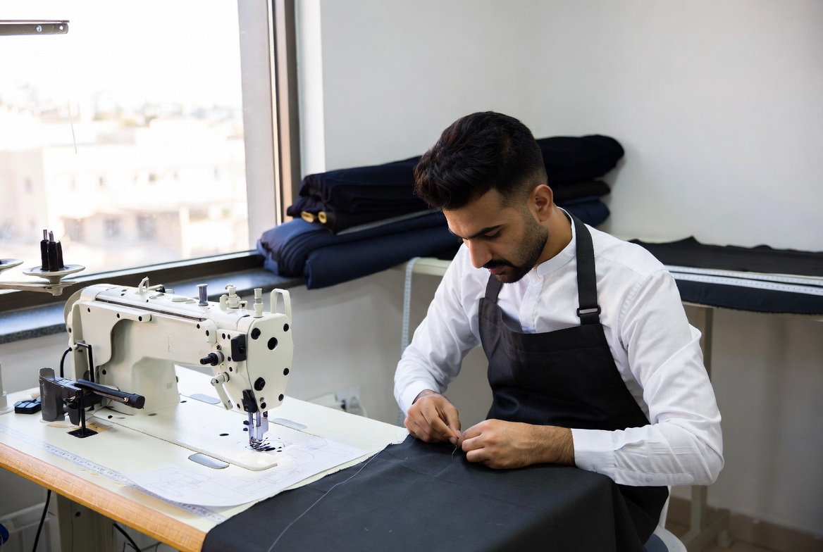 Skilled tailor in professional workshop carefully crafting premium hotel staff uniform fabric for ELEGANCE ATTIRE collection