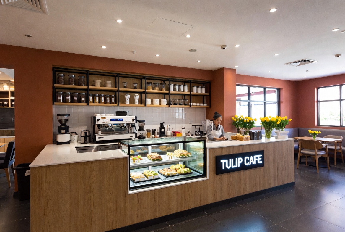 Modern and welcoming Tulip Cafe interior at Oman Convention and Exhibition Centre with fresh cakes, sandwiches and barista service